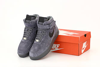 Зимові чоловічі кросівки Nike air force High grey Suede Взуття Найк Аїр Форс сірі високі на хутрі замшеві