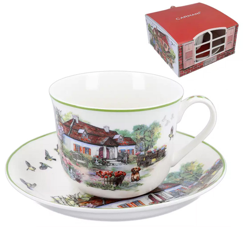 Кружка та блюдце Carmani Village life collection «Білий будинок», 400 мл(041-0054)
