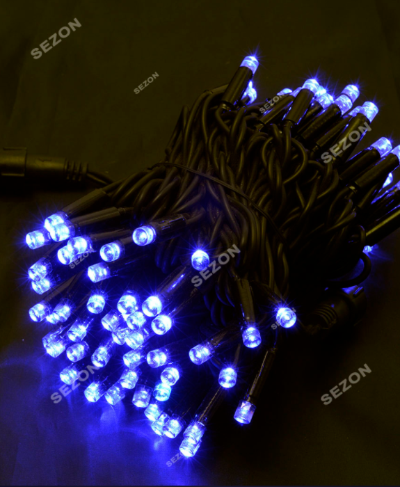 Новорічна вулична світлодіодна гірлянда 100 LED 10 м чорний каучук 3.3 мм синій + FLASH