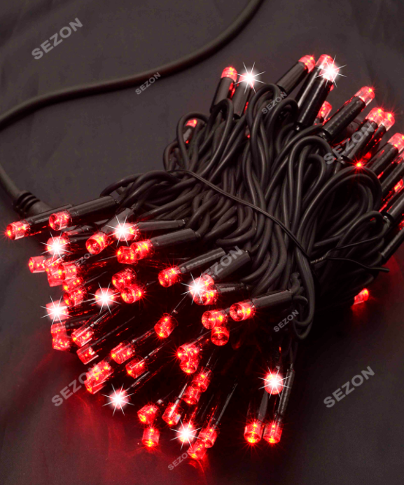 Новорічна вулична світлодіодна гірлянда 100 LED 10 м чорний каучук 3.3 мм червоний + FLASH