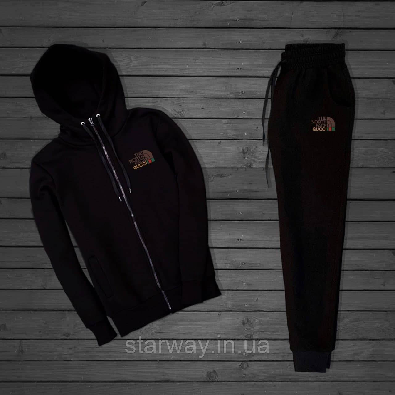 Спортивний чорний костюм на блискавці the north face гуччi з капюшоном | логотип принт