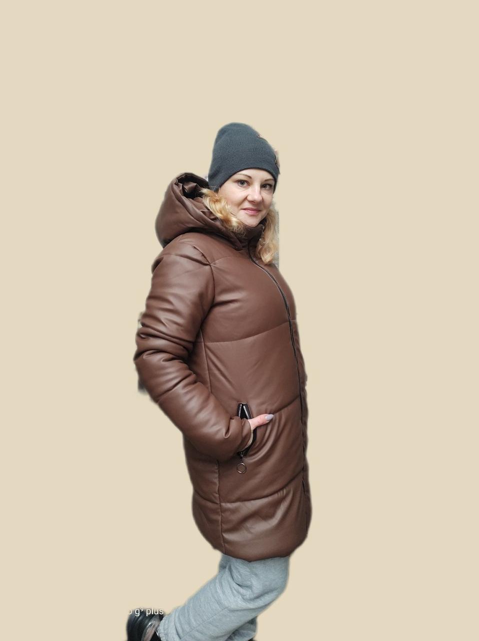 Зимняя модная женская куртка из эко кожи (44-50) с капюшоном, доставка по Украине Укрпочта бесплатная - фото 6 - id-p223401393