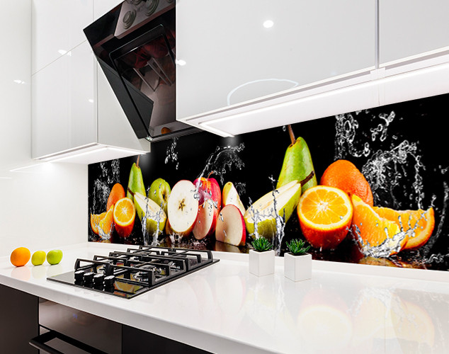 Наклейка на кухонний фартух 60 х 250 см із захисною ламінацією фрукти та цитруси в бризках (БП-s_ed635-1)