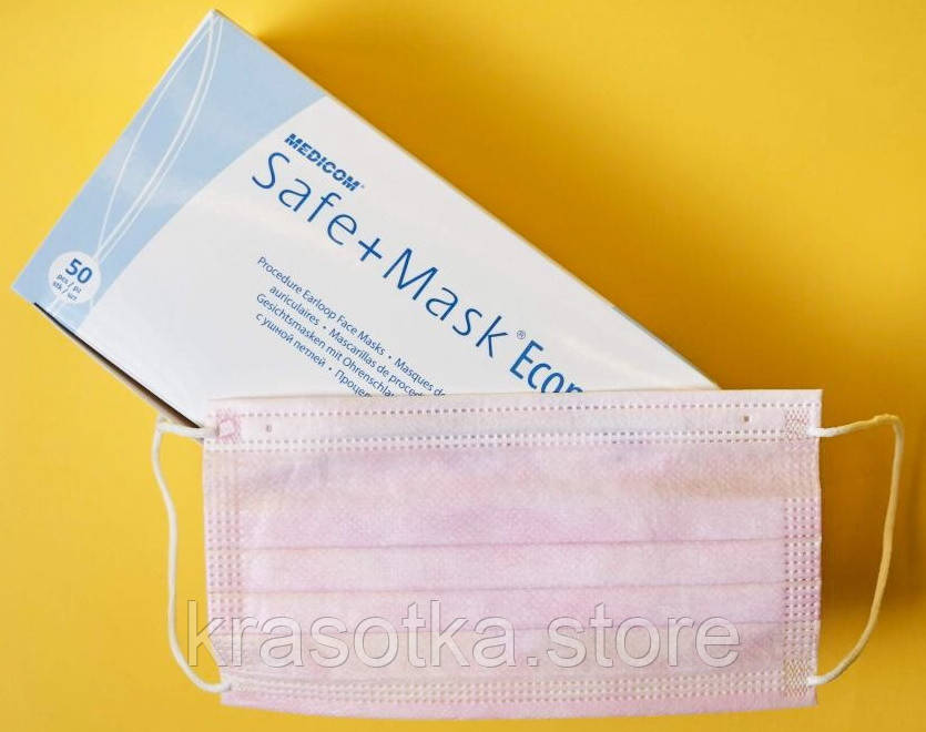 Франція! Медичні маски Medicom,175х95 мм. 98%(BFE). Одноразові тришарові. Pink. Рожеві, 50 шт, фото 1
