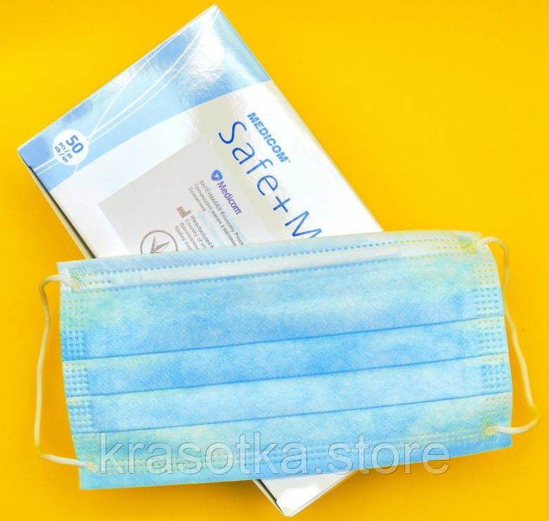 Франція! Медичні маски Medicom,175х95 мм. 98%(BFE). Одноразові тришарові. Blue. Блакитні, 50 шт, фото 1
