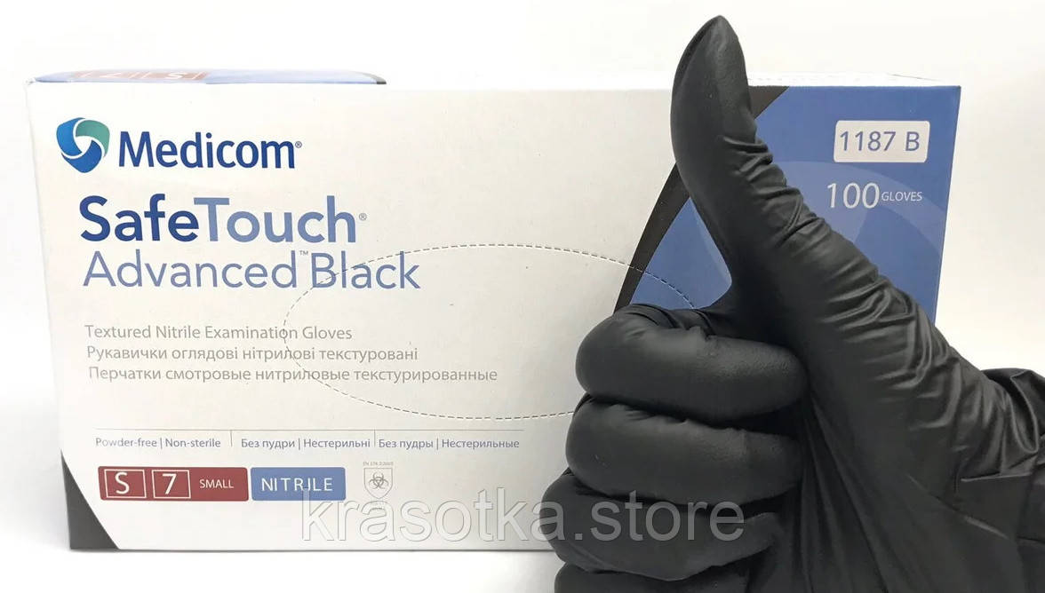 Рукавички нітрилові Medicom SafeTouch Advanced. Black. Чорні. Розмір S (S 7). 1187 B. 100 шт, фото 1
