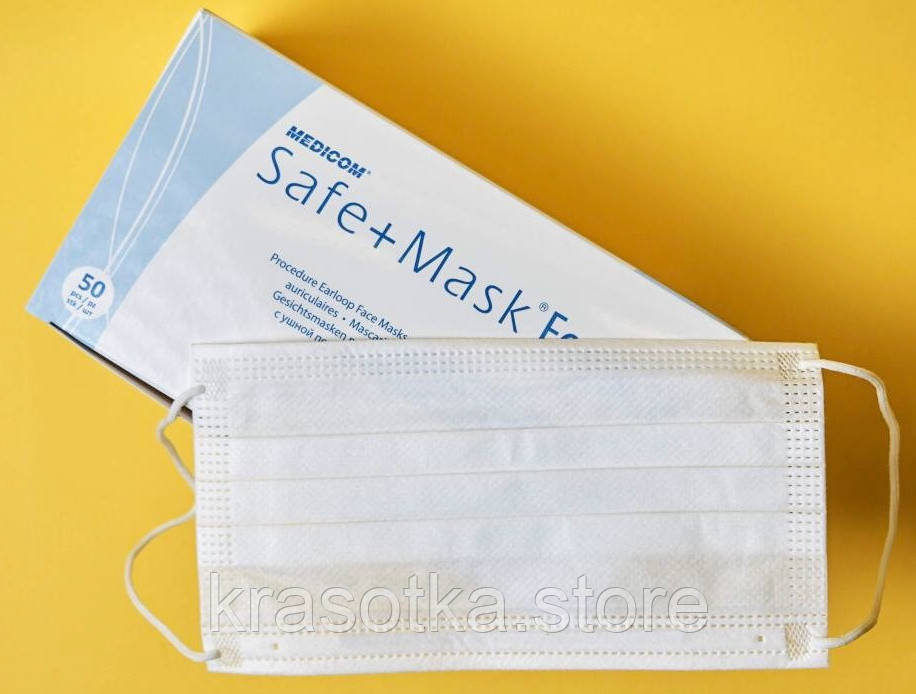 Франція! Медичні маски Medicom,175х95 мм. 98%(BFE). Одноразові тришарові. White. Білі, 50 шт, фото 1