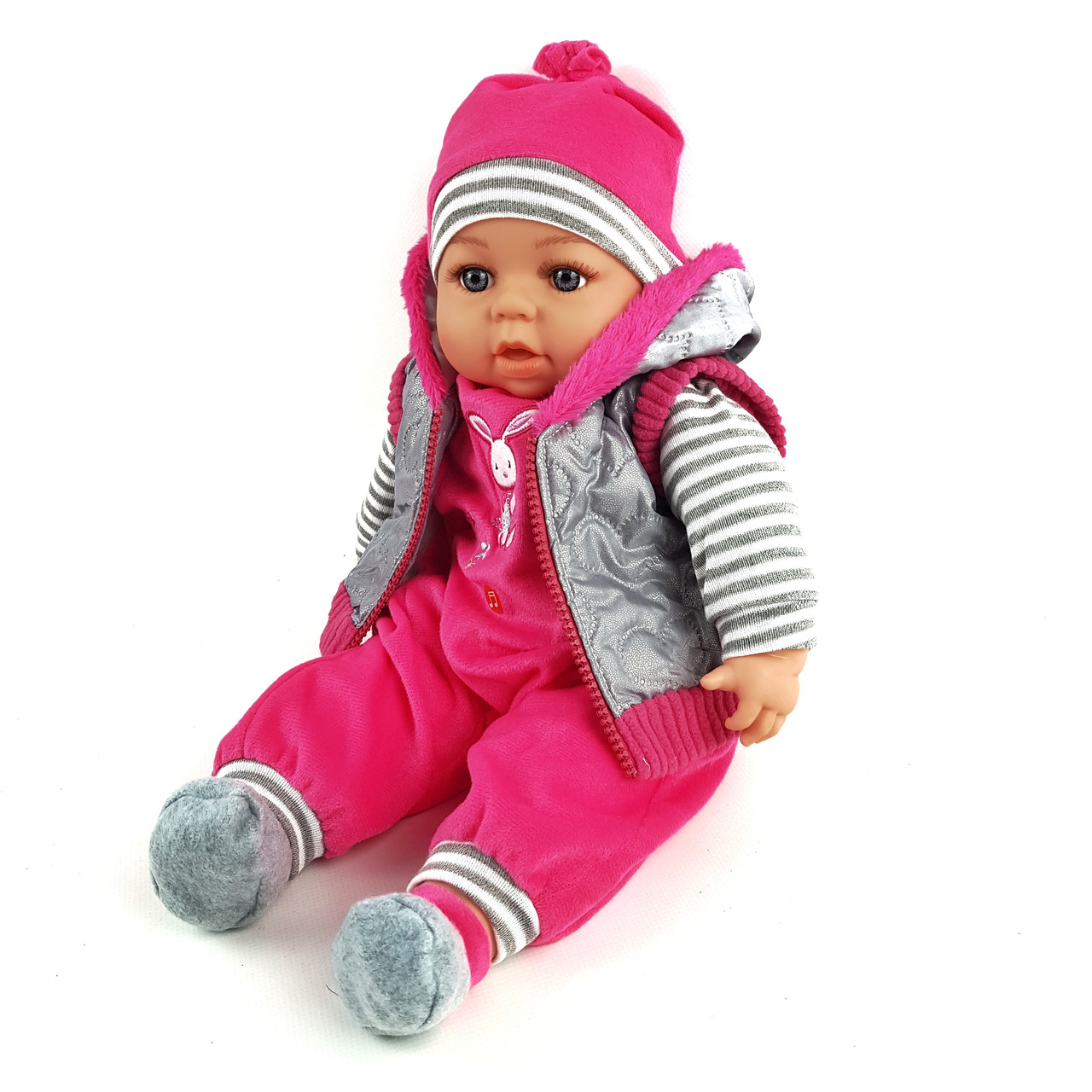 М'яконабивний пупс зі звуковими ефектами лялька в рожево-серебристій жилетці з зайчиком M 4414 I RU