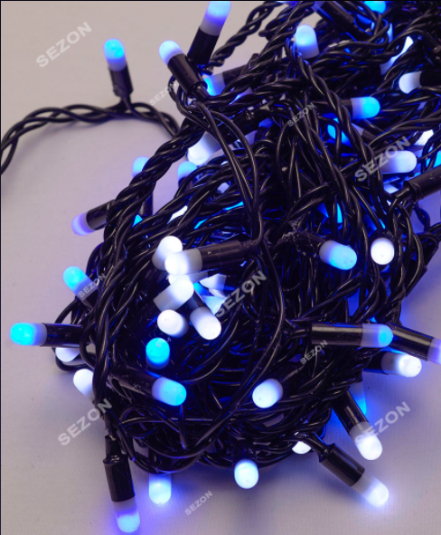 Новорічна світлодіодна гірлянда 100 LED 10м біло-синя чорний каучук 2.2
