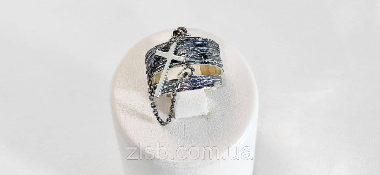Срібна подвійна каблучка з ланцюжком і хрестиком  327к, фото 1