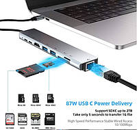 USB HUB 8 in 1 Type-C PD 87W 2*USB 3,0 / HDMI 4K / RJ45 / SD/TF (2431) для MacBook pro и смартфонов