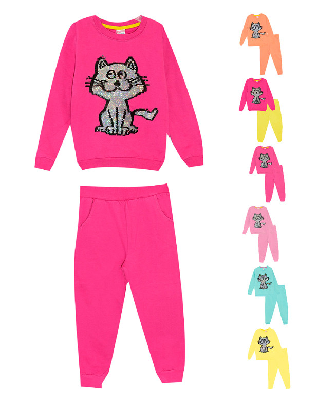 Костюм для дівчинки зимовий утеплений з начосом: світшот + штани, з паєтками та малюнком Кіт, Dasilva (розмір