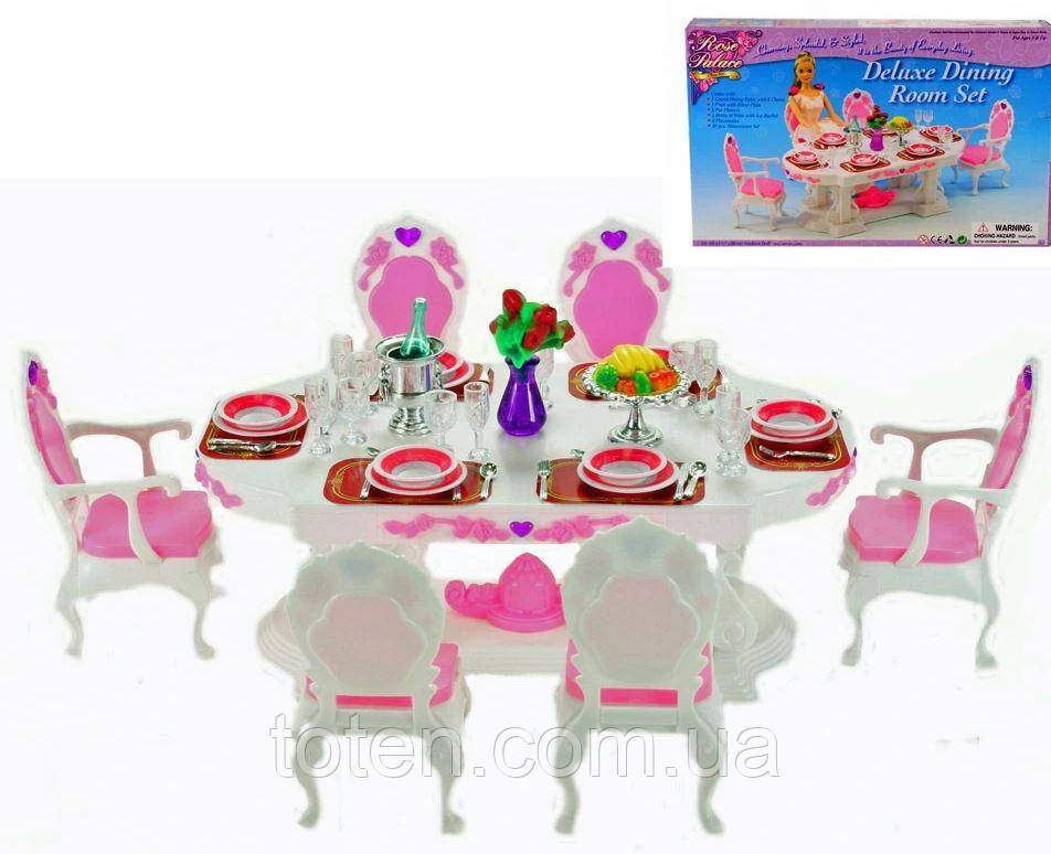 Їдальня для ляльок Барбі лялькові меблі стіл 4 стільці посуд їжа Gloria, фото 1