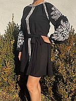 Чорна коротка сукня з довгим легким шлейфом "Нічні квіти"