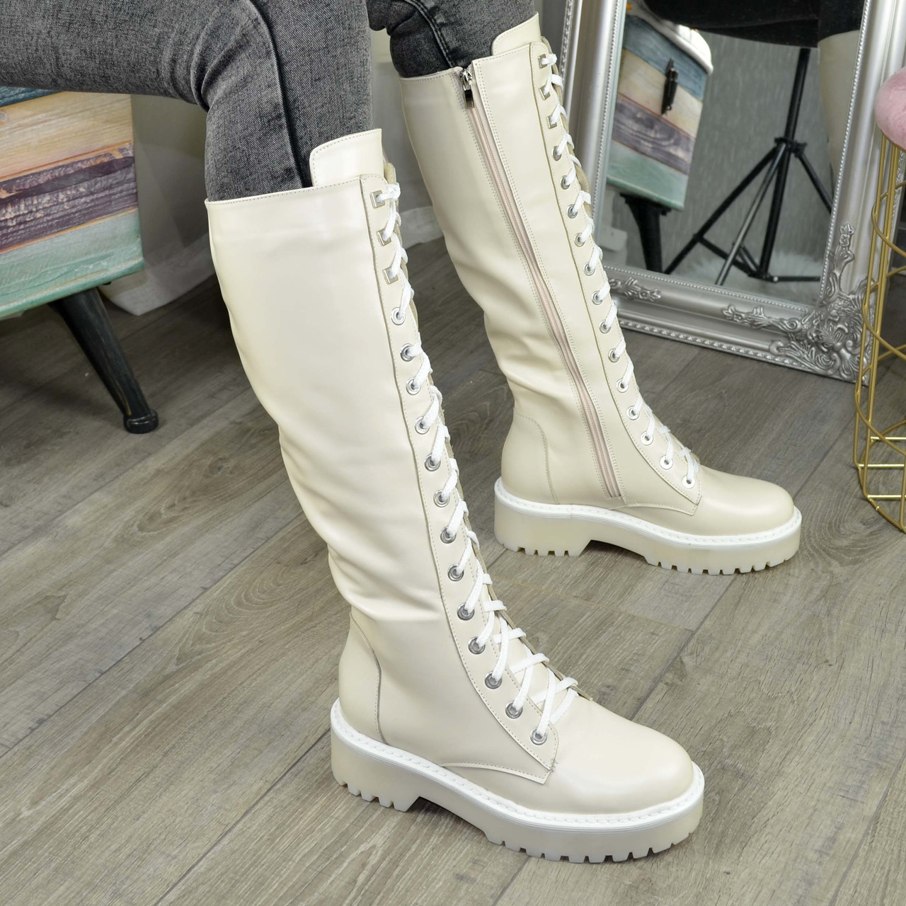 Чоботи жіночі високі на шнурівці. Колір бежевий, фото 1