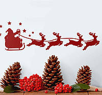Интерьерная виниловая новогодняя наклейка Санта-Клаус и олени (50х14см)