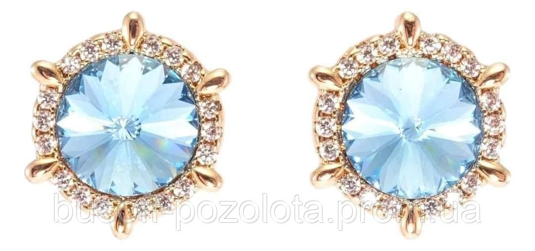 Серьги ХР Позолота 18К с кр-ми Swarovski гвоздики (пусеты) "Кристалл риволи Denim Blue в декоративной оправе" - фото 3 - id-p1523121731