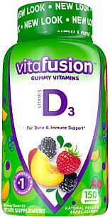 Vitafusion D3 25 мкг (1000 IU) вітамін D3 у кожній  желейці, натуральний персик, ожина та полуниця, 150 шт.