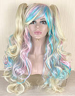 Парик разноцветный блонд с голубым и розовым с двумя хвостами Лолита 70см длинный волнистый женский (5995)
