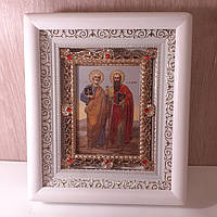 Икона Петр и Павел святые апостолы, лик 10х12 см, в белом деревянном киоте с камнями