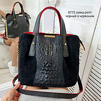 Женская черная с красным замшевая сумка вместительная шоппер сумочка натуральная замша+экокожа