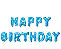 Надпись фольгированная "Heppy Birthday" голубая с сердечками размер букв 40 см.