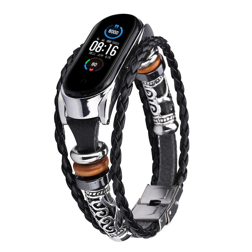 Ремінець вінтажний для фітнес-браслета Xiaomi Mi Band 5 і 6 Type A Black-silver, фото 1