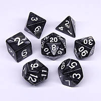 Кубы черные с белыми цифрами, мраморные. Набор из 7 шт для RPG систем.
