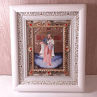 Икона Явление о Войне Пресвятой Богородицы, лик 10х12 см, в белом деревянном киоте с камнями