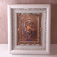 Икона Казанская Пресвятая Богородица, лик 10х12 см, в белом деревянном киоте с камнями