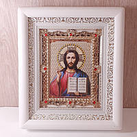 Икона Иисус Христос Спаситель , лик 10х12 см, в белом деревянном киоте с камнями