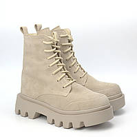 Замшеві бежеві чоботи на хутрі зручна стильна висока зимове взуття COSMO Shoes KATE Beige Vel