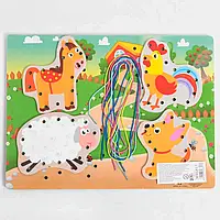 Игрушка Деревянная игра М 46857 (150) Сельскохозяйственные животные , шнуровка, 4 обитателя, 4 шнур