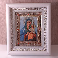 Икона Неувядаемый Цвет Пресвятая Богородица, лик 10х12 см, в белом деревянном киоте с камнями