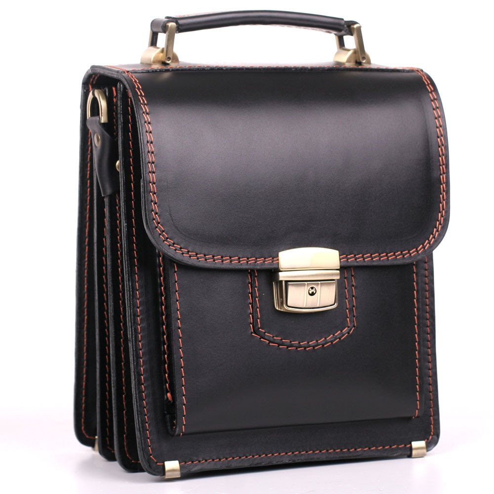 Чоловіча сумка-планшет з ручкою та плечовим ременем з натуральної шкіри (чорна з коричневою ниткою), фото 1