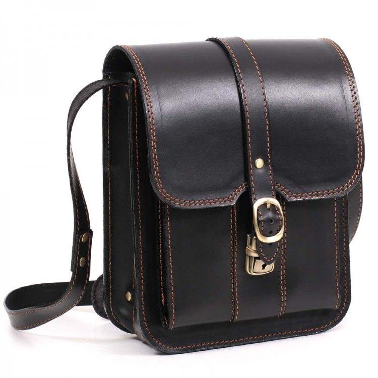 Чоловіча молодіжна сумка-планшет через плече із натуральної шкіри (чорна з коричневою ниткою), фото 1
