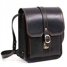 Чоловіча молодіжна сумка-планшет через плече із натуральної шкіри (чорна з коричневою ниткою)