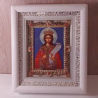 Икона Варвара святая великомученица, лик 10х12 см, в белом деревянном киоте с камнями