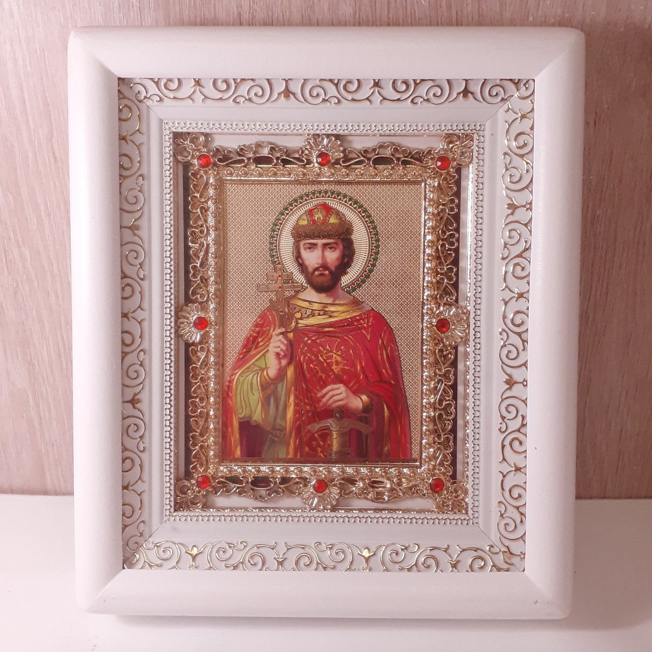 Ікона Ярослав Мудрий святий благовірний князь, лик 10х12 см, у білому дерев'яному кіоті з камінням, фото 1