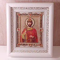 Икона Ярослав Мудрый святой благоверный князь, лик 10х12 см, в белом деревянном киоте с камнями
