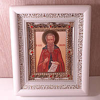 Икона Максим Исповедник Преподобный, лик 10х12 см, в белом деревянном киоте с камнями
