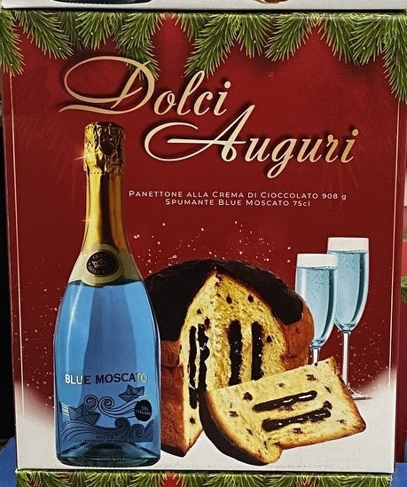 Подарунковий Набір Випічка з Шоколадом + Вино Moscato Blue Panettone Santangelo Dolci Auguri 908 г Італія