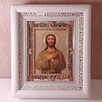 Икона Алексий человек Божий святой Преподобный, лик 10х12 см, в белом деревянном киоте с камнями