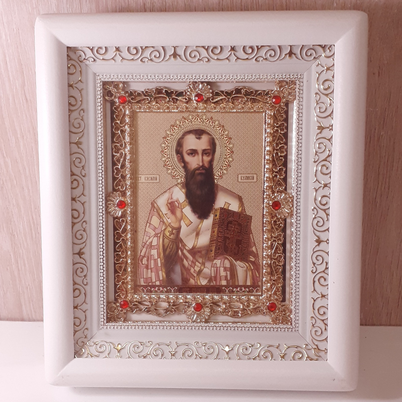 Ікона святитель Василь Великий, лик 10х12 см, у білому дерев'яному кіоті з камінням, фото 1