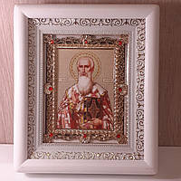 Икона Григорий Богослов святой , лик 10х12 см, в белом деревянном киоте с камнями
