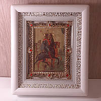 Икона Борис и Глеб святые благоверные князья, лик 10х12 см, в белом деревянном киоте с камнями