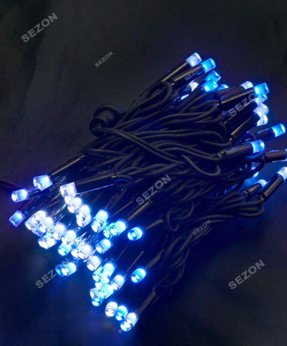 Новорічна вулична світлодіодна гірлянда 100 LED 10м чорний каучук 3.3 мм біло-синій BW