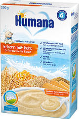 Молочна каша Humana 5 злаків із печивом з 6 місяців, 200г.(Хумана)
