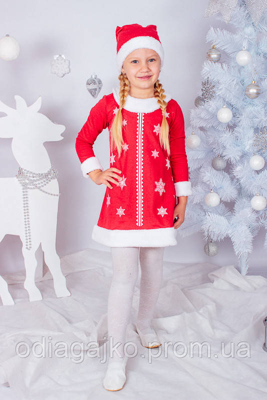 Новогодний теплий  красний карнавальний костюм для девочки Снегурочка 110см