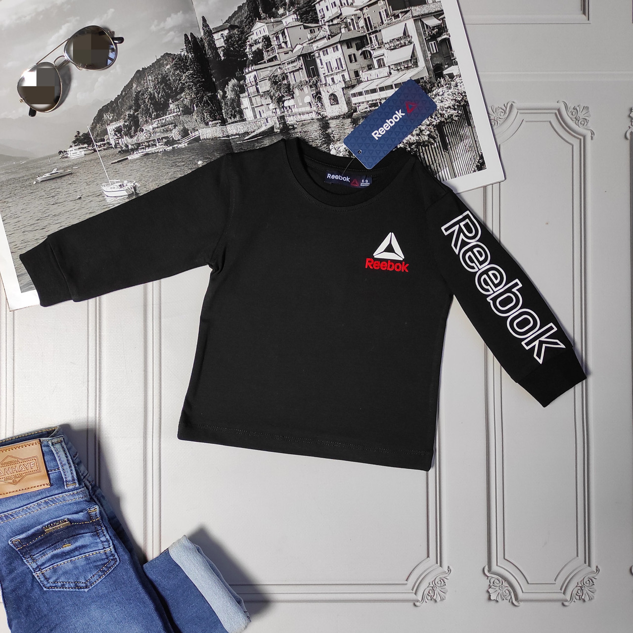 Дитяча чорна футболка з довгим рукавом, тонковка Reebok